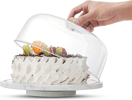 Marble Cake Stand with Acrylic Dome Lid, Cake Holder 360° Rotating, Cake Plate Board for Party, Wedding, Cake Display Stand with Dome Cover,Charcuterie Boards for Cheese, Chips, Fruit