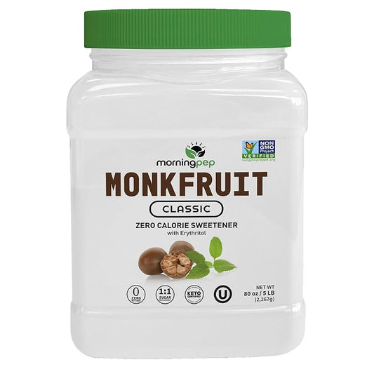 Morning Pep Monk Fruit Sweetener, Classic | White Sugar Substitute, Keto Diet Friendly, 1:1 Sugar Replacement, For Baking, Coffee, Tea, Zero Calorie Non Gmo Project Verified, OU Kosher, White - 5 lb