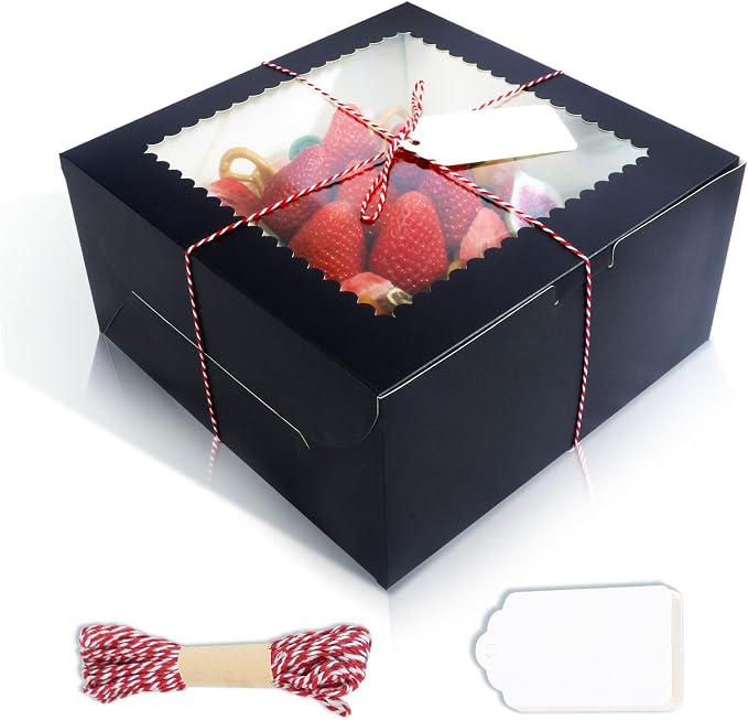 20Pcs 10 Inch Cake Boxes with Window, 10x10x5 Inches Black Bakery Boxes, Cake Carrier Container for Pastries, Pie, Cookies, Chocolates, Cupcakes, Birthday Party, Wedding