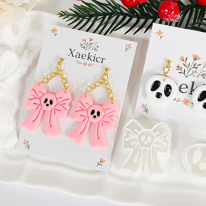 Xaekicr Skull Bow & Cartoon Skeleton Polymer Clay Cutters – Halloween Clay Earring Cutters for DIY Earrings – Cute Polymer Clay Molds for Jewelry Making – Clay Tools for Craft Lovers