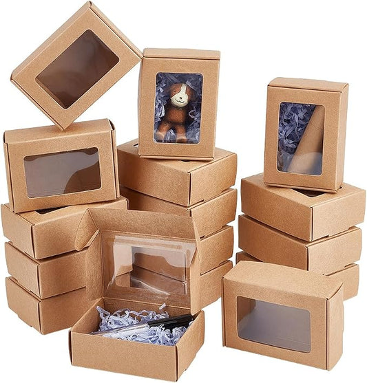 BENECREAT 30 Pack 3.3x2.3x1inch Rectangle Brown Kraft Paper Boxes with Clear Window for Wedding Party Favor Treats, Bakery, Valentine's Day Jewelry Gift Packaging