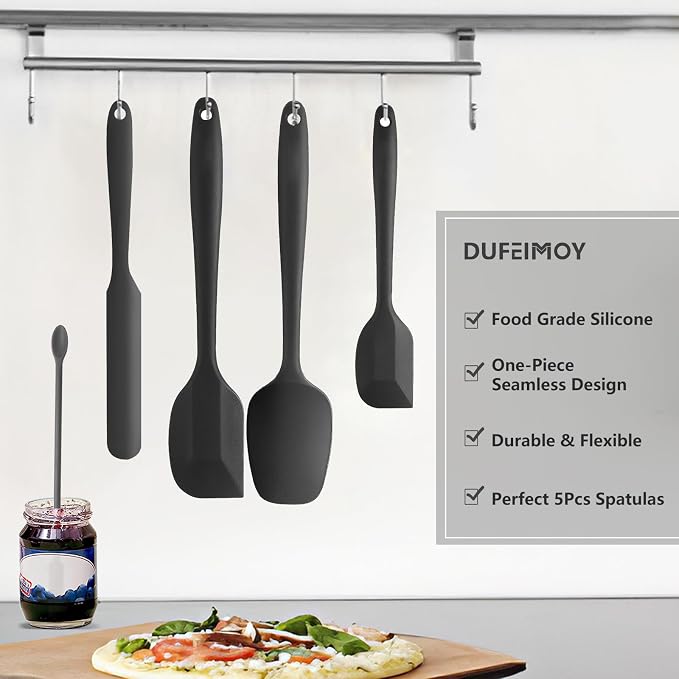 Silicone Spatula Set of 5, Rubber Spatulas Silicone Heat Resistant, Black Kitchen Spatula Set Dishwasher Safe for Nonstick Cookware Baking Cooking