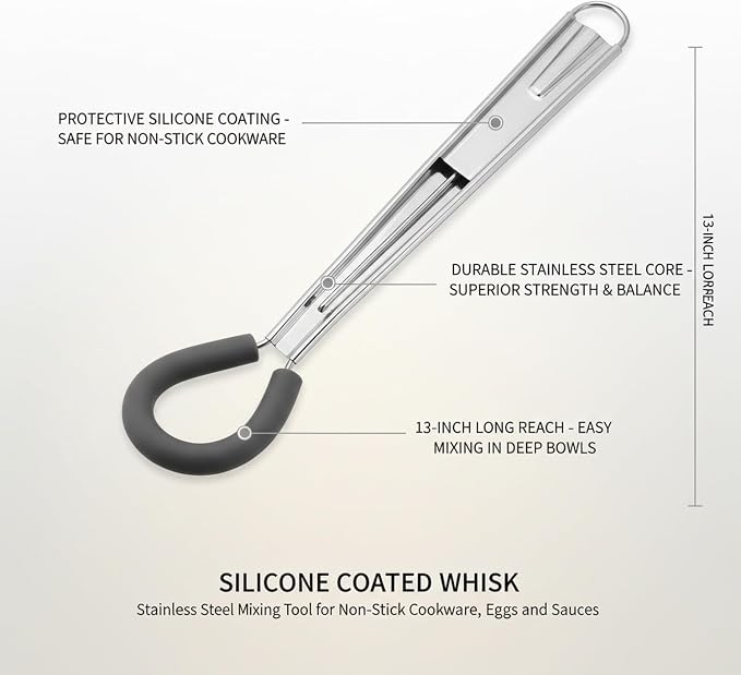 Silicone Coated Whisk, 13 Inch Stainless Steel Mixing Tool for Non-Stick Cookware, Eggs and Sauces (1 PC)