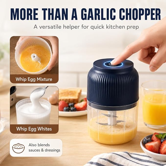 Household Electric Garlic Crusher, Mini Electric Food Chopper with 6 Blades, 350ml Cordless Garlic Mincer with Lid, One-Touch Food Processor for Onion, Ginger, Chili, Herbs, Nuts (White)