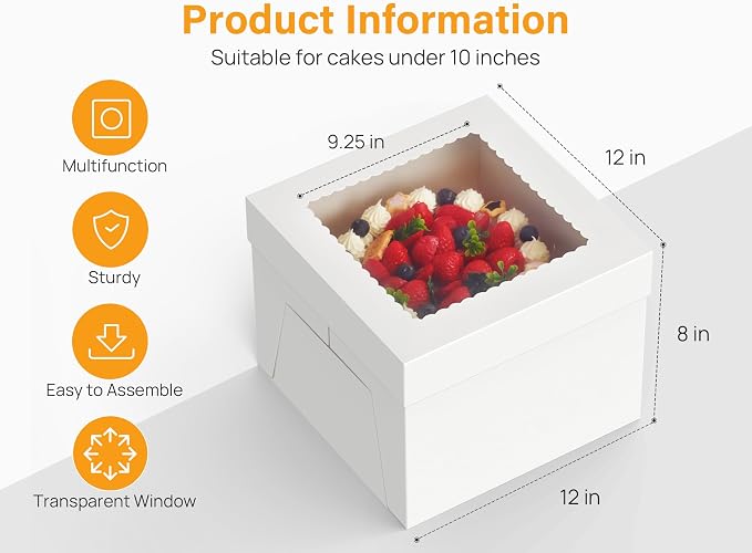 Kootek 15pcs Cake Boxes, 12x12x8 Inches Tall Cake Box with Window, White Bakery Boxes, Large Baking Boxes, Square Cardboard Cake Box for Multi-Layer Cakes, Cake Decorating Supplies for Gift Giving