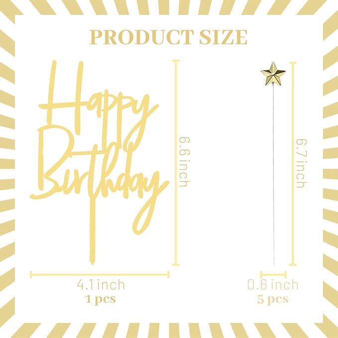 ZHENGYE Set of 1 Glod Acrylic Happy Birthday Cake Topper And 5 Pieces Glod Star-Shaped Cupcake Topper Cake Decoration Supplies for Baby Shower Birthday Decorations(Glod 20)