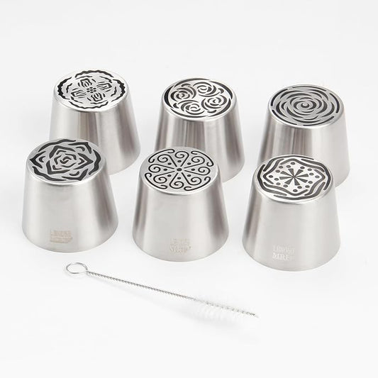 Extra Large Russian Piping Tip Set - 6 Stainless Steel Marshmallow Buttercream Framing Nozzles for 3D Roses Tulip Cake Decorations and Marshmallow Bouquets, Includes 1 Cleaning Brush(6G)
