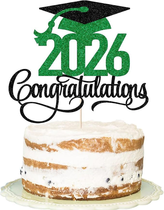 Black green gold Glitter 2026 Congratulations Graduation Cake Topper,Congrats Grad Cake Decor - 2026 High School/College/Senior Graduation Party Decorations Supplies