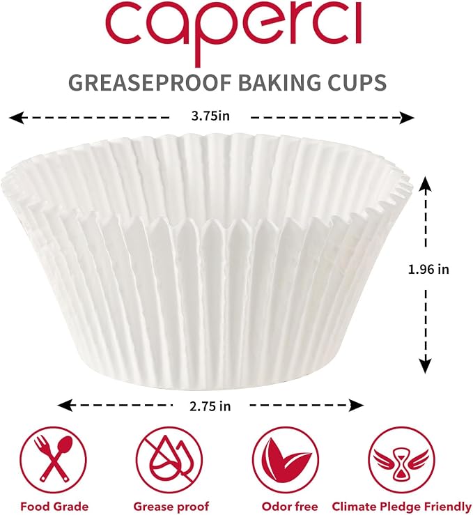 Caperci White Jumbo Muffin Cupcake Liners - 150pcs Large Baking Cups, Odorless, Food Safe Grease-Proof Cupcake Wrappers Papers
