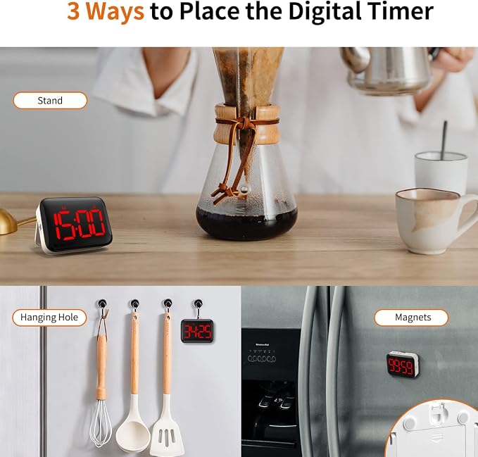 VOCOO Magnetic Kitchen Timer for Cooking with Count Up Countdown, Digital Timer Battery Powered with Large Display, 2 Brightness and Volume Levels for Classroom, Teacher, Kids (Red)
