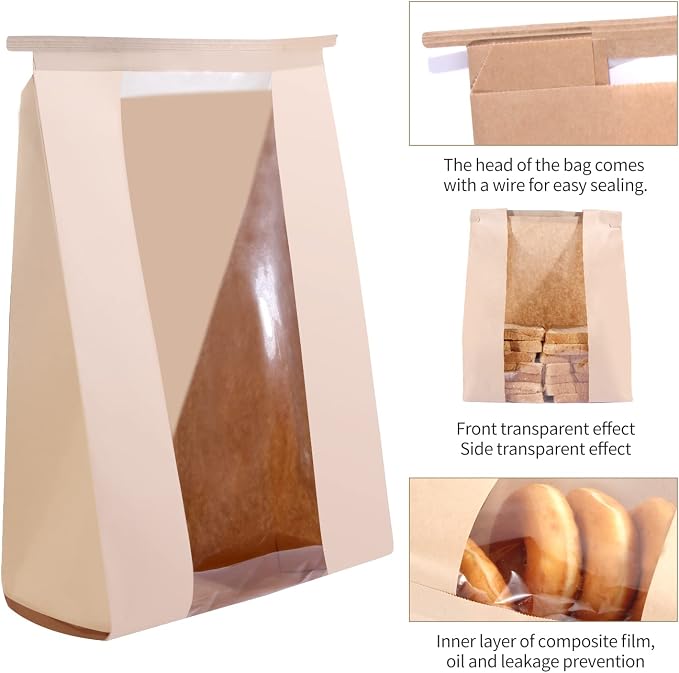 50 Pack Bakery Bags with Window, 13.8 x 9.4 Inch Large Paper Bread Bags for Homemade Bread, Tin Tie Tab Lock Brown Window Bag for Toast, Cookie, Loaf, Candy, Nuts