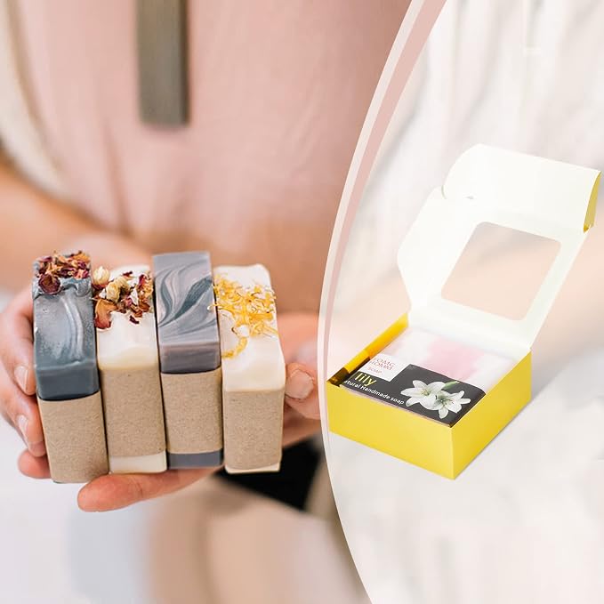 COTOPHER Soap Box, 30Pcs Small Soap Packaging Boxes 2.8x2.8x1.2 Inch Mini Kraft Boxes with Window Soap Boxes for Homemade Soap Candy Chocolate Bakery Cookies Soap Packaging