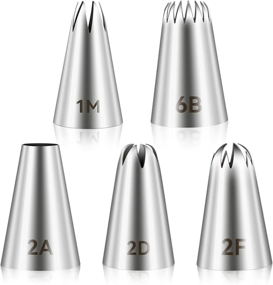 5pcs Cake Piping Tips, Cake Decorating Supplies Piping Tips, Piping Nozzles Decorating Tips, Baking Tools For Buttercream, Icing, Birthday Cake, Cupcake, DIY Art(6B, 2A, 1M, 2D, 2F)
