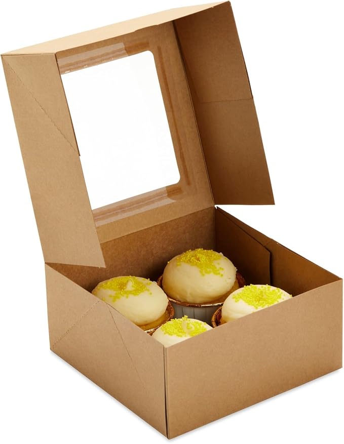 Juvale Cupcake Boxes - 6 x 6 in, 24 Count, Brown - 4-Cup Insert & Clear Window Cupcake Containers & Muffin Boxes
