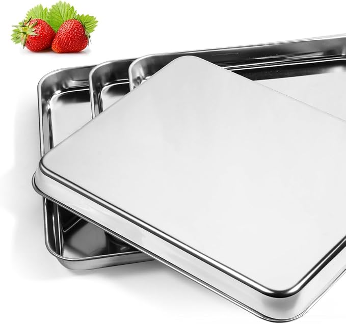 Yododo Baking Sheets Set of 4, Stainless Steel Cookie Pan Tray For Oven, Size 12.25 x 9.65 x 1 inch, Heavy Duty, Deep Edge, Superior Mirror Finish, Dishwasher Safe