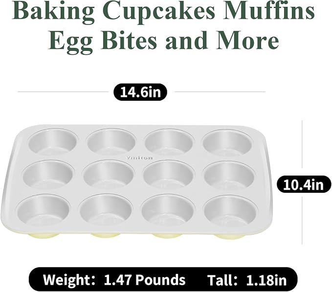 Nonstick Ceramic 12 Cup Muffin Pan, Cupcake Pan for Baking, Non-Toxic Muffin tin, Ceramic Coating, PTFE & PFOA Free, Oven Safe 550°F, Aluminized Steel (Yellow)