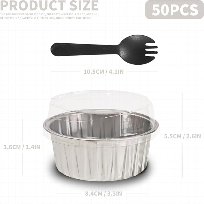 50Pcs Mini Aluminum Foil Cupcake,5oz Baking Cups with Lids,Mini Cake Pans Disposable,Loaf Pans with Lids,Disposable Ramekins,Tin Cups Containers for Cupcake,Pudding,Muffin,Cheesecake (Silvery)