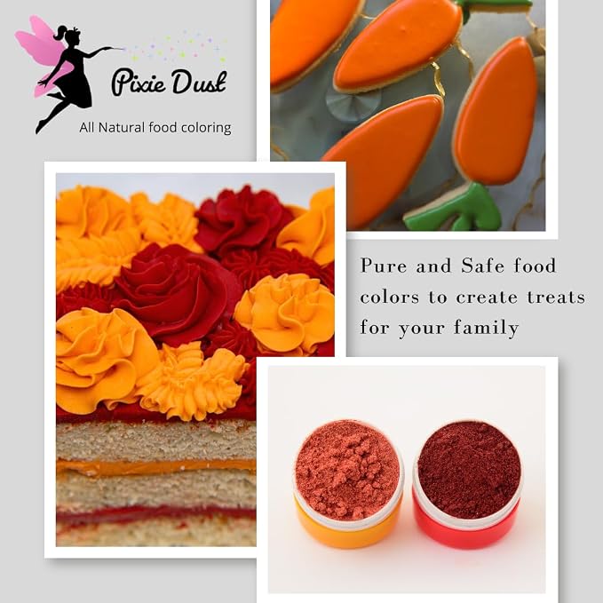 Dye-Free Red and Orange Food Coloring Powders Set | Perfect for cake decor, cookie Frosting, Icing & Drinks | All- Natural, Plant-Based, Kosher, Flavorless | No Carmine, No Annatto | By Pixie Dust | 2 Jars (0.40 oz / 11g Each) 22gr Total.