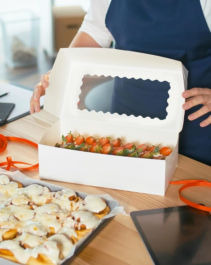 qiqee Auto-pop up 12x5.5x2.5 Inch White Cookie Box with Window 30Pcs Pastry Macaron Bakery Box For Packaging