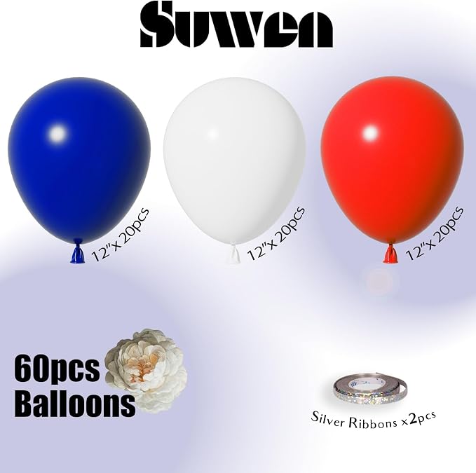 SUWEN Red White and Blue Balloons, 60pcs 12 inch Red White and Blue Decorations Latex Balloons for Independence Day July Patriotic Birthday Anniversary Veterans Party Decorations