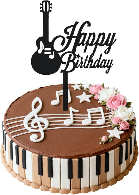 ZHENGYE Black Music Happy Birthday Cake Topper Music Themed Decoration Sign For Birthday Party Decorations Supplies