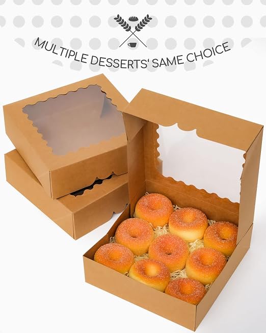 qiqee Auto-pop up 50 Packs Bakery Box With Window 8x8x2.5 inch Brown Pie Boxes Pastry