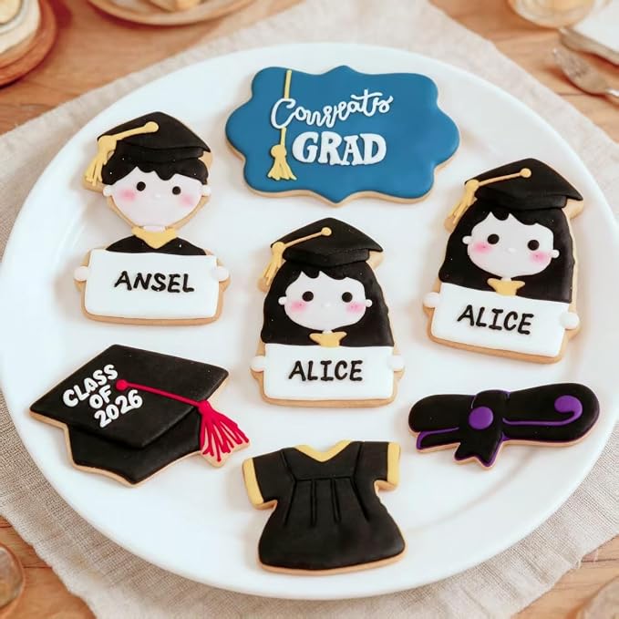 MrCookie Large Graduation Cookie Cutters,4in,6pc,Thickened Stainless Steel. | Sturdy stainless steel.6 shapes: bachelor(M/F),cap,gown,diploma,frame.For cookies,fruit,fondant,cake.2026 grad.