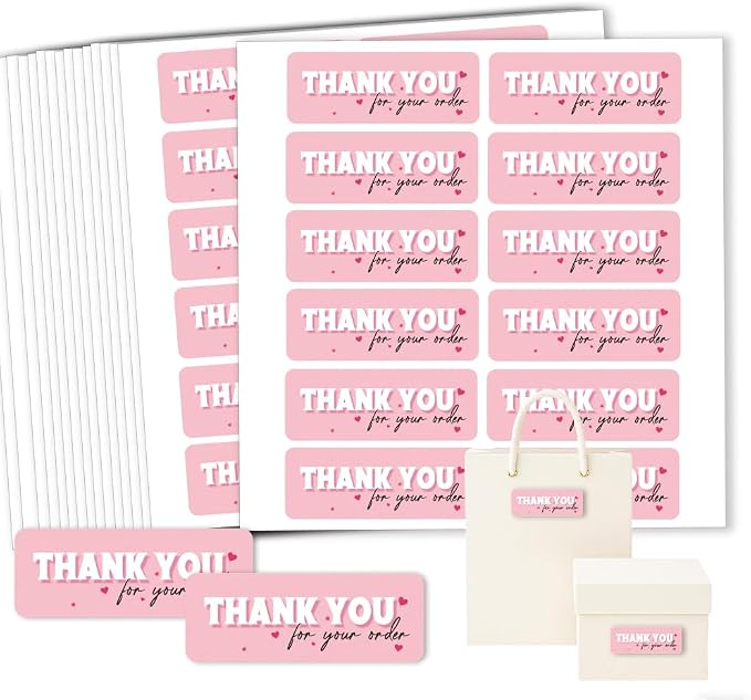 180 Pcs Thank You Stickers, Pink Thank You for Your Order Stickers Appreciation Labels Self-Adhesive Waterproof Stickers for Envelopes Packaging Businesses Gifts