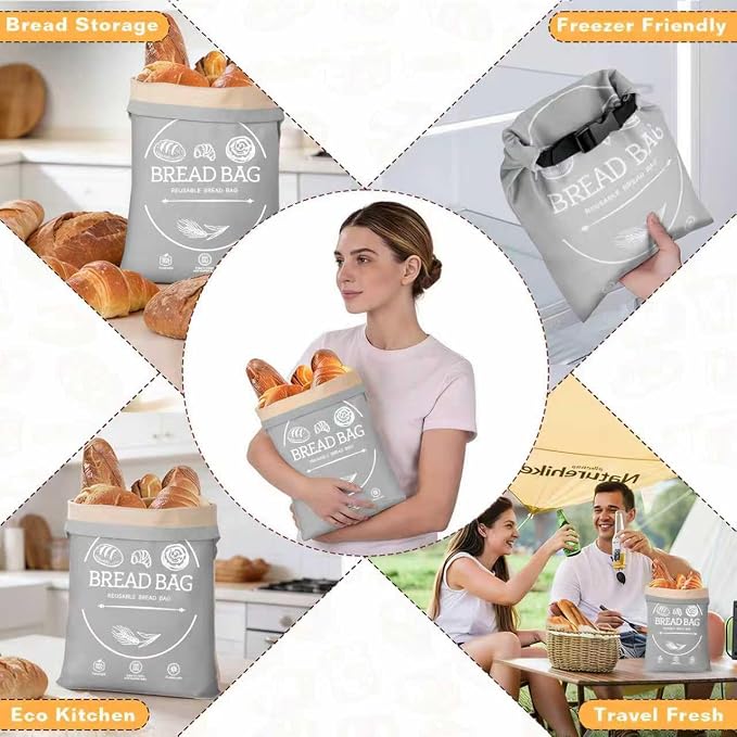 Bread Bags for Homemade, Beeswax Reusable Bread Bag for Sourdough, 1 Pack 17×13 Inches XL-Waxed Food Storage Bag to Keep Sourdough Fresh, Freezer-Safe, Eco-Friendly (Grey)