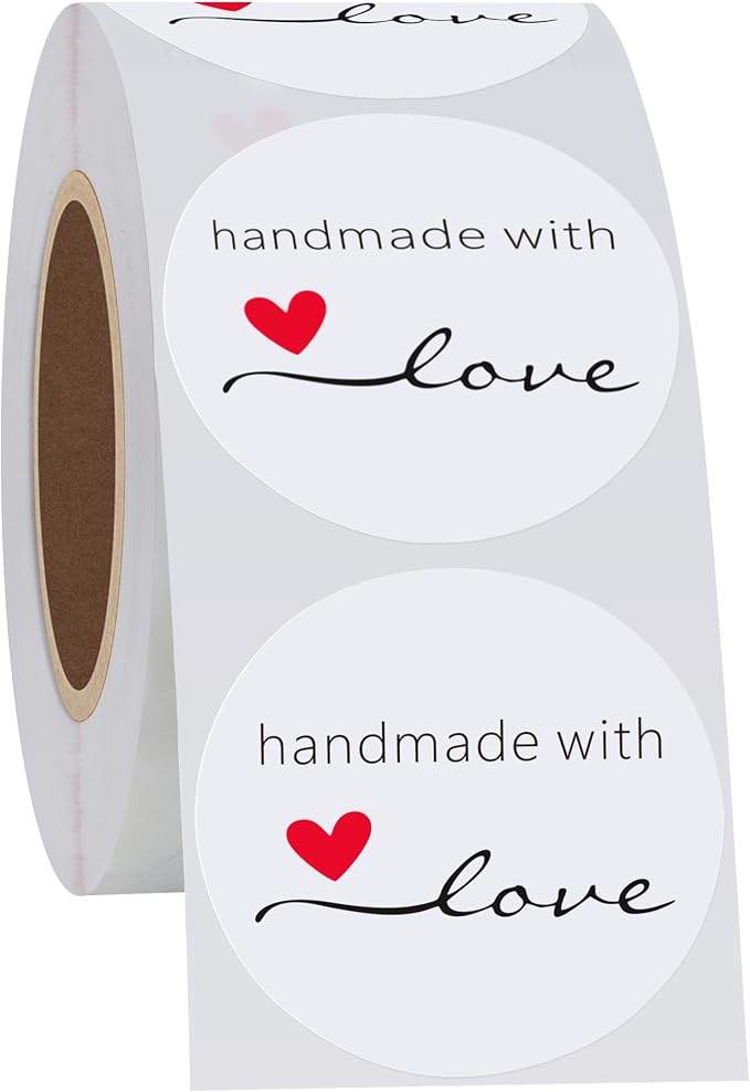Hybsk Handmade with Love Stickers 1.5" Inch Round Total 500 Adhesive Labels Per Roll (White)