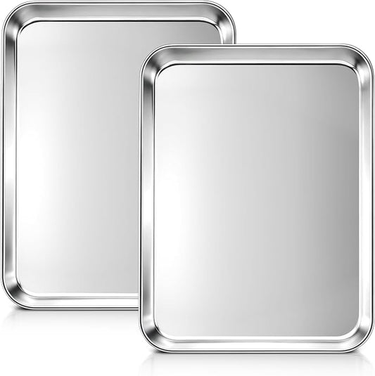 LIANYU Stainless Steel Tray for Baking, 9.2x7” Small Cookie Baking Sheet Pan, Metal Cooking Sheet Tray for Oven, Rust Free & Mirror Finish, Dishwasher Safe, 2 Pack