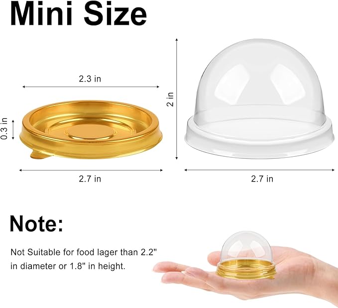 Zezzxu 100 Pack Mini Cake Containers, Clear Plastic Small Cupcake Boxes with Dome Lids for Individual Chocolate Covered Cookies, Strawberry, Mooncake (Gold)