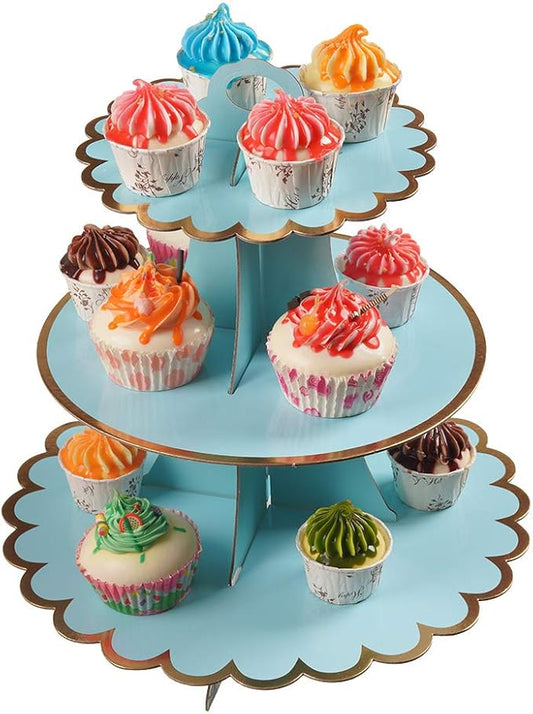 YLDW Cupcake Stand with Lace Trim, 3-Tier Cupcake Stand Display, Cardboard Cup Cake Tower Stand, Disposable Dessert Stand for Birthday Tea Party Baby Shower Treat Decorations, Mint Blue