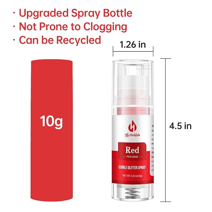 Red Edible Glitter Spray – Herbeklab 10g Food Grade Edible Shimmer Spray for Cakes, Cookies, Chocolate, Strawberries, Drinks and Cocktails– Upgraded Bottle Design