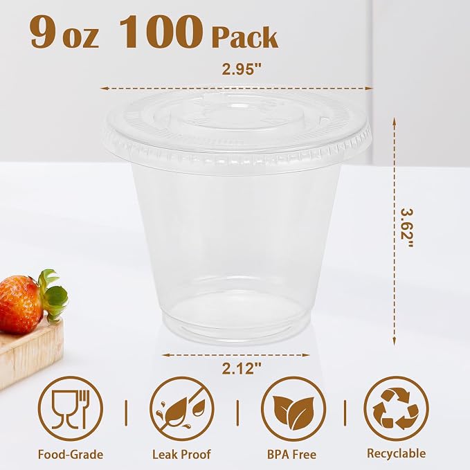 BYSNOW 100 Pack 9 oz Clear Plastic Cups With Flat Lids No Hole, Disposable Dessert Cups with Lids for Ice Cream, Pudding, Fruit, Cold Drinks, Cake, Snacks, Yogurt Parfait