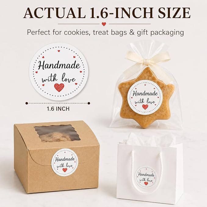 Handmade with Love Stickers: Strong Adhesive Smudge-Proof 120 Pcs 1.6" Round Self-Adhesive Decals for Bakery Small Business Gift Bags Envelopes Wedding Party Favors DIY Crafts