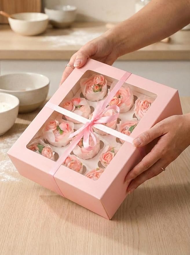 Bakepacker Auto-pop Up Cupcake Boxes with Window Pink 40PCS 12 Count Cupcake Box 13"x10"x3.5" Cupcakes Carrier, 12 Cupcake Containers with 2 rolls of pink ribbons
