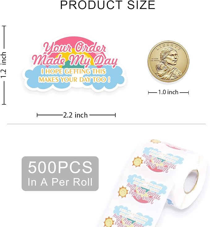 Your Order Made My Day Stickers, Cute Thank You Your Order Stickers for Mail Envelopes Shipping Business Package Packaging 500 PCS