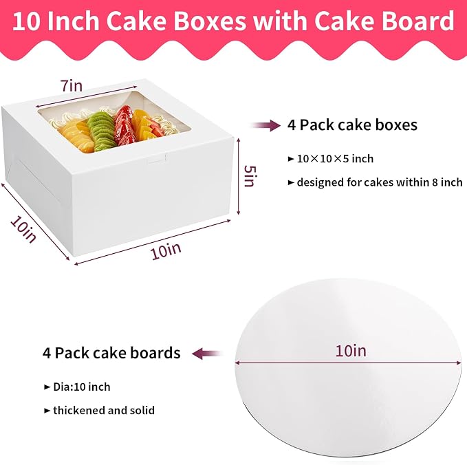 WINKIO Cake Boxes with Cake Boards, 4 Pack 10 Inch Cake Boxes with Window, Disposable Bakery Box for Cake Cookies Pies Cupcakes Pastry