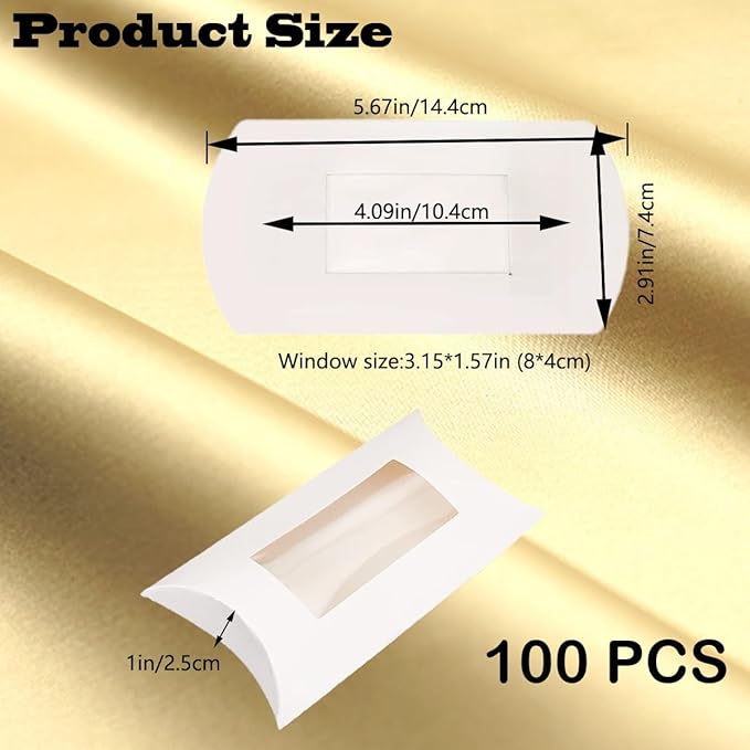 100 Pcs Pillow Gift Boxes with Windows,Kraft Paper Mini Pillow Packaging Box, Creative Favor Box Folding Treat Boxes with Clear Window for Bakery Candy Chocolate Jewelry Display Wedding Party Favor (White,100Pcs)