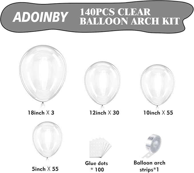 Clear Balloon Arch Kit, 143Pcs Transparent Clear Latex Balloon Garland kit, 18 12 10 5 Inch Different Size Balloons for Wedding Bridal Shower Anniversary Baby Shower Birthday Party Decorations