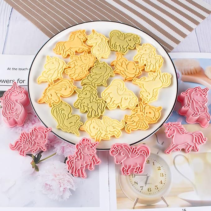 6 Pieces Cute Uncorn Cookie Cutters Set Plastic Unicorn Shape Cookie Stamps Cookie Mould Press Unicorn Cookie Mould Set Baking Kitchen Tools (Unicorn 0209)