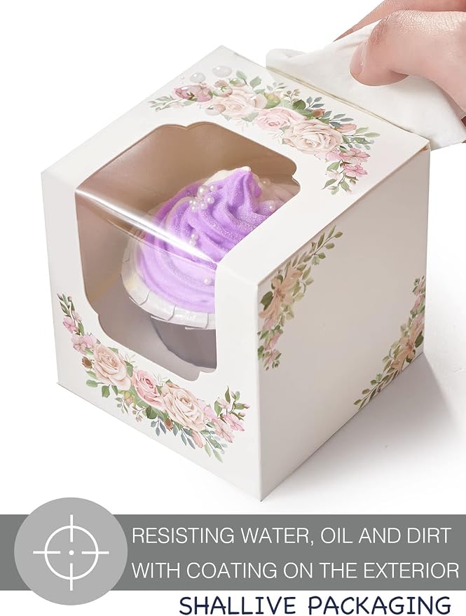 Pink Floral Mothers Day Cupcake Boxes Individual 60 Pcs with Pink Flowers with Window, 3.5" Single Containers Valentines Paper Holders for Cookies Muffins Gift Packaging Favors
