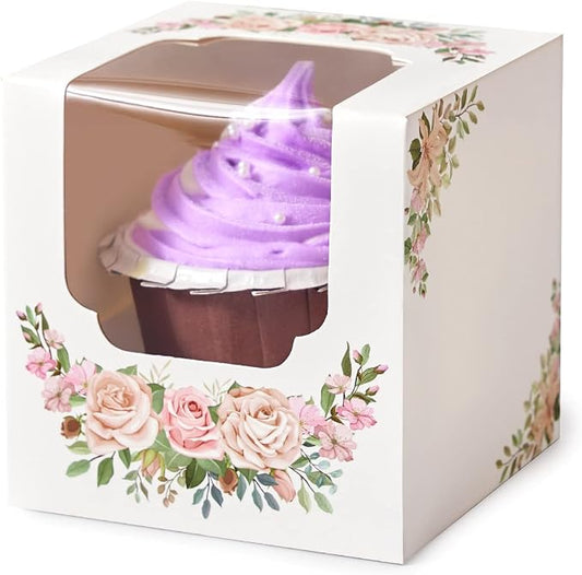 Mothers Day Floral Cupcake Boxes Single with Inserts and Window, Auto-Popup Mini Pink White Cupcake Holders Individual 30 Pack for Mother's Day Treat Wedding Gifts 3.5"