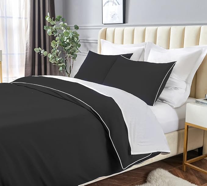DAUAOTO Duvet Cover King Set, Black Microfiber with Decorative White Piping, 1 Zipper Closure Cover + 2 Shams Halloween Bedding