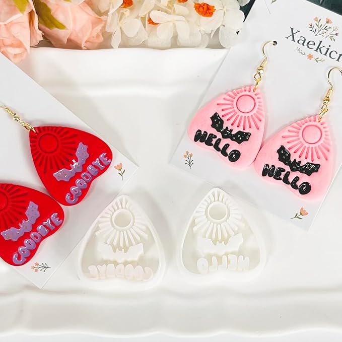 Xaekicr Halloween Clay Earring Cutters - Planchette Style Polymer Clay Cutters with Text & Bat Design, Clay Tools for DIY Jewelry Making