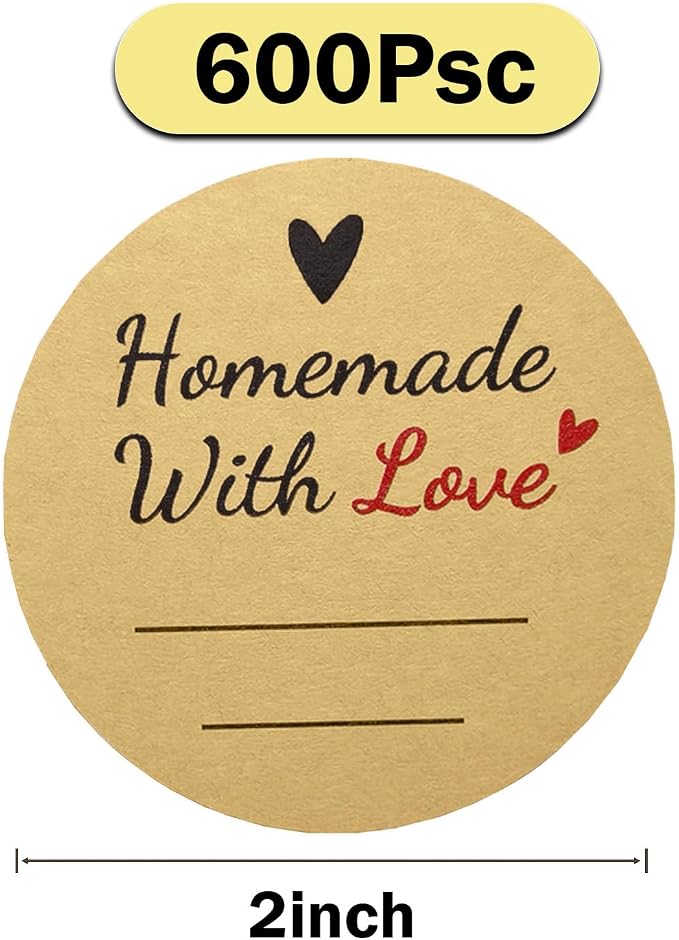 600 Pcs Homemade with Love Stickers, 2" Round Canning Labels for Mason Jars, Jam, Jelly, Pickles – with Lines for Writing