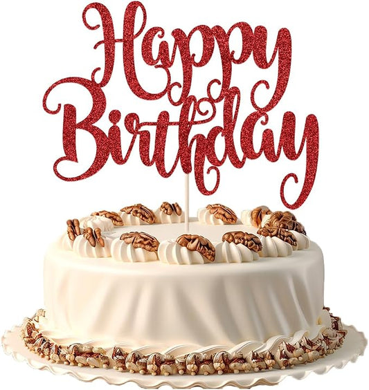 Happy Birthday Cake Topper- Glitter Happy Birthday Cake Decor, Handmade Anniversary/Birthday Party Supplies (Red)