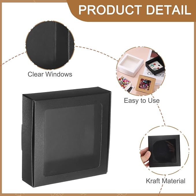 uxcell 20Pcs Kraft Soap Boxes, 4.1 x 4.1 x 1.2Inch Mini Kraft Treat Box with Clear Window for Candy Cookie Gift Party Festival Favor Treats Packaging (Black)