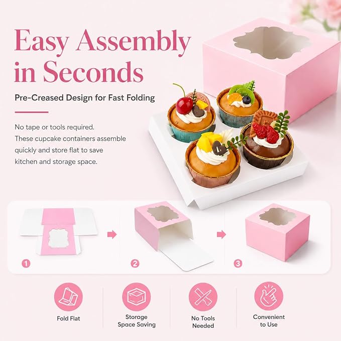 Cupcake Boxes with Window, 20 Pack 6.5x6.5x3 Inch Bakery Boxes for 4 Cupcakes, Muffins, Cookies & Pastries, Disposable Dessert Boxes with Insert Holder (Pink)